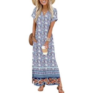 Zeagoo Summer Dresses for Women 2026 Maxi Dresses Vacation Sundress Short Sleeve Casual Sundresses Split Dress with Pockets(Floral-xh547-new)