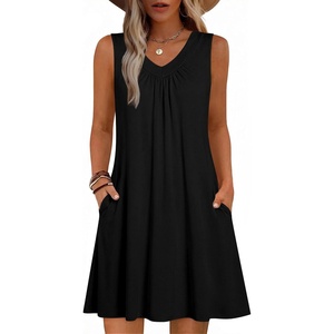 Zeagoo Summer Dresses for Women 2026 Sleeveless Dress V Neck Tank Dress Pleated Floral Tshirt Sundresses with Pockets(Black)