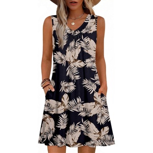 Zeagoo Summer Dresses for Women 2026 Sleeveless Dress V Neck Tank Dress Pleated Floral Tshirt Sundresses with Pockets(Black- Khaki Leaf)