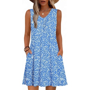 Zeagoo Summer Dresses for Women 2026 Sleeveless Dress V Neck Tank Dress Pleated Floral Tshirt Sundresses with Pockets(Blue Floral)