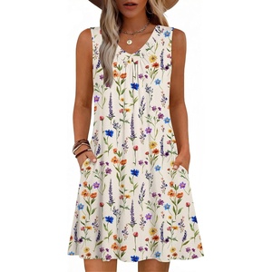Zeagoo Summer Dresses for Women 2026 Sleeveless Dress V Neck Tank Dress Pleated Floral Tshirt Sundresses with Pockets(Floral-3)
