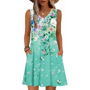Zeagoo Summer Dresses for Women 2026 Sleeveless Dress V Neck Tank Dress Pleated Floral Tshirt Sundresses with Pockets(Floral-6)