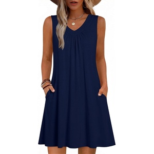 Zeagoo Summer Dresses for Women 2026 Sleeveless Dress V Neck Tank Dress Pleated Floral Tshirt Sundresses with Pockets(Navy Blue)