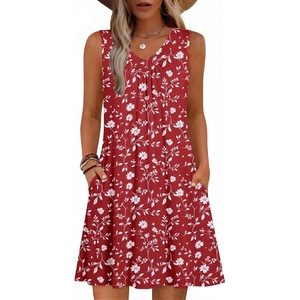 Zeagoo Summer Dresses for Women 2026 Sleeveless Dress V Neck Tank Dress Pleated Floral Tshirt Sundresses with Pockets(Red-floral)