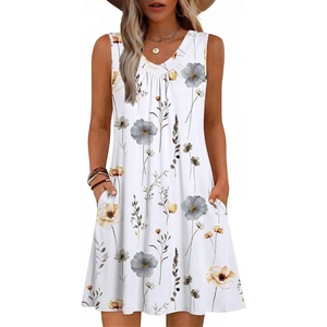 Zeagoo Summer Dresses for Women 2026 Sleeveless Dress V Neck Tank Dress Pleated Floral Tshirt Sundresses with Pockets(White Floral)