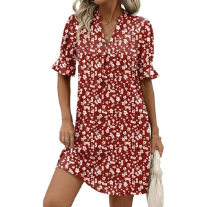 Zeagoo Summer Dresses for Women 2026 V Neck Ruffle Sleeve Loose Shift Dress Hawaiian Sundress Beach Vacation Clothes(Dark Red Floral)