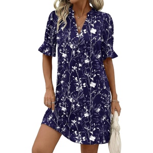 Zeagoo Summer Dresses for Women 2026 V Neck Ruffle Sleeve Loose Shift Dress Hawaiian Sundress Beach Vacation Clothes(Deep Blue Floral)