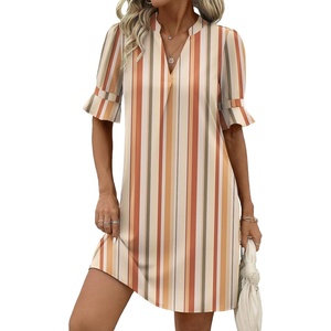 Zeagoo Summer Dresses for Women 2026 V Neck Ruffle Sleeve Loose Shift Dress Hawaiian Sundress Beach Vacation Clothes(Khaki Vertical Stripes)