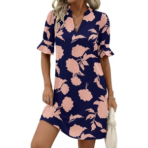 Zeagoo Summer Dresses for Women 2026 V Neck Ruffle Sleeve Loose Shift Dress Hawaiian Sundress Beach Vacation Clothes(Navy Blue – Pink Flowers)