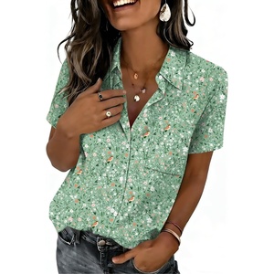Zeagoo Summer Tops for Women Short Sleeve Button Down Shirt V Neck Blouse(Green Leaves)