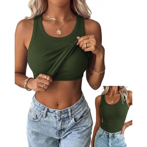 Zeagoo Tank Tops with Built in Bra for Women Sleeveless Ribbed Summer Tops(Army Green)