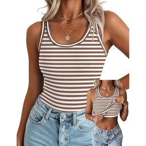 Zeagoo Tank Tops with Built in Bra for Women Sleeveless Ribbed Summer Tops(Stripe Brown White)