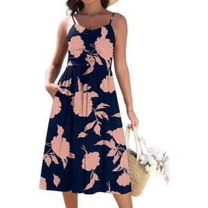 Zeagoo Women 2026 Summer Adjustable Spaghetti Strap Sundress Casual Ruched Floral V Neck Midi Flowy Beach Dress with Pockets(Black Pink Floral)