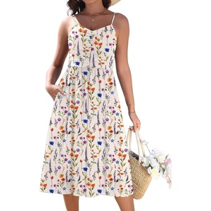 Zeagoo Women 2026 Summer Adjustable Spaghetti Strap Sundress Casual Ruched Floral V Neck Midi Flowy Beach Dress with Pockets(Colorful Floral)