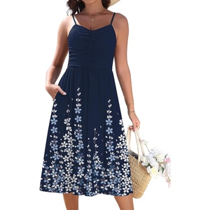 Zeagoo Women 2026 Summer Adjustable Spaghetti Strap Sundress Casual Ruched Floral V Neck Midi Flowy Beach Dress with Pockets(Navy Blue Floral)
