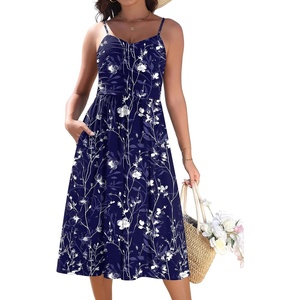 Zeagoo Women 2026 Summer Adjustable Spaghetti Strap Sundress Casual Ruched Floral V Neck Midi Flowy Beach Dress with Pockets(Navy Floral)