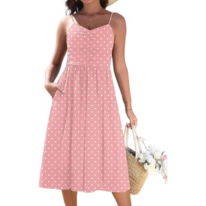 Zeagoo Women 2026 Summer Adjustable Spaghetti Strap Sundress Casual Ruched Floral V Neck Midi Flowy Beach Dress with Pockets(Pink Polka Dots)