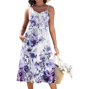 Zeagoo Women 2026 Summer Adjustable Spaghetti Strap Sundress Casual Ruched Floral V Neck Midi Flowy Beach Dress with Pockets(Purple Floral)