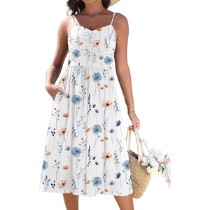 Zeagoo Women 2026 Summer Adjustable Spaghetti Strap Sundress Casual Ruched Floral V Neck Midi Flowy Beach Dress with Pockets(White Floral)