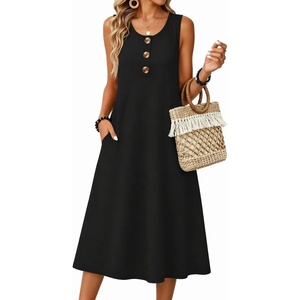 Zeagoo Women Beach Summer Midi Dress 2026 Sleeveless Casual Beachy Sundress Button Down Loose Tank Dresses with Pockets(Black)
