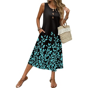 Zeagoo Women Beach Summer Midi Dress 2026 Sleeveless Casual Beachy Sundress Button Down Loose Tank Dresses with Pockets(Black Green)