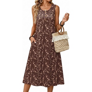 Zeagoo Women Beach Summer Midi Dress 2026 Sleeveless Casual Beachy Sundress Button Down Loose Tank Dresses with Pockets(Coffee)