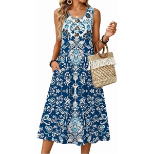 Zeagoo Women Beach Summer Midi Dress 2026 Sleeveless Casual Beachy Sundress Button Down Loose Tank Dresses with Pockets(Ethnic Navy Blue)