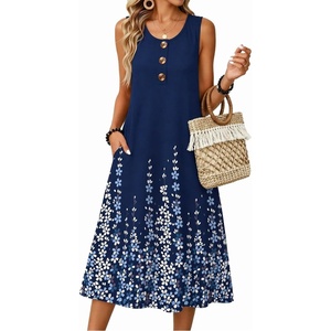 Zeagoo Women Beach Summer Midi Dress 2026 Sleeveless Casual Beachy Sundress Button Down Loose Tank Dresses with Pockets(Floral Blue)