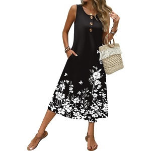 Zeagoo Women Beach Summer Midi Dress 2026 Sleeveless Casual Beachy Sundress Button Down Loose Tank Dresses with Pockets(Flowers-black)