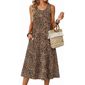 Zeagoo Women Beach Summer Midi Dress 2026 Sleeveless Casual Beachy Sundress Button Down Loose Tank Dresses with Pockets(Leopard Print)