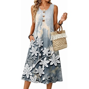 Zeagoo Women Beach Summer Midi Dress 2026 Sleeveless Casual Beachy Sundress Button Down Loose Tank Dresses with Pockets(Marble Flowers)