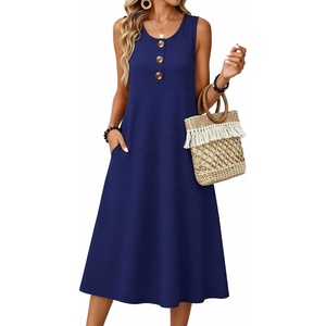 Zeagoo Women Beach Summer Midi Dress 2026 Sleeveless Casual Beachy Sundress Button Down Loose Tank Dresses with Pockets(Navy)