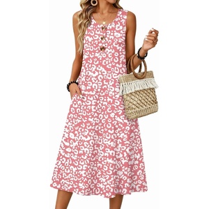 Zeagoo Women Beach Summer Midi Dress 2026 Sleeveless Casual Beachy Sundress Button Down Loose Tank Dresses with Pockets(Pink White)