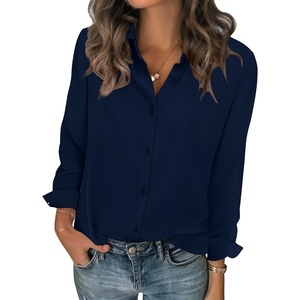 Zeagoo Women Blouses Chiffon Long Sleeve Button Down Shirts Business Tops(Navy Blue)