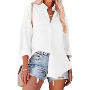 Zeagoo Women Button Down Shirts Oversized Long Sleeve Blouses with Pocket(A-white)