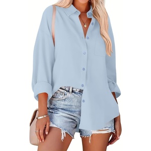 Zeagoo Women Button Down Shirts Oversized Long Sleeve Blouses with Pocket(B-blue)