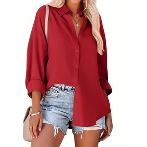 Zeagoo Women Button Down Shirts Oversized Long Sleeve Blouses with Pocket(B-red)