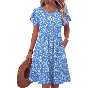 Zeagoo Women Summer Dress 2026 Short Sleeve Aline Mini Dresses with Pockets Casual Swing Tshirt Dress Vocation Beach Sundress(Blue Floral)