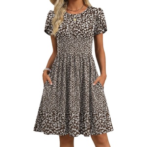 Zeagoo Women Summer Dress 2026 Short Sleeve Aline Mini Dresses with Pockets Casual Swing Tshirt Dress Vocation Beach Sundress(Brown Print)