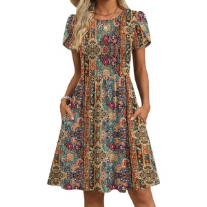 Zeagoo Women Summer Dress 2026 Short Sleeve Aline Mini Dresses with Pockets Casual Swing Tshirt Dress Vocation Beach Sundress(Ethinc Boho Print)