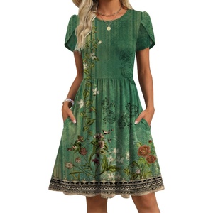 Zeagoo Women Summer Dress 2026 Short Sleeve Aline Mini Dresses with Pockets Casual Swing Tshirt Dress Vocation Beach Sundress(Green Ethnic)