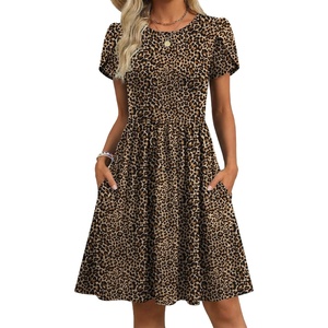 Zeagoo Women Summer Dress 2026 Short Sleeve Aline Mini Dresses with Pockets Casual Swing Tshirt Dress Vocation Beach Sundress(Leopard Print)