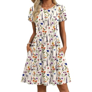 Zeagoo Women Summer Dress 2026 Short Sleeve Aline Mini Dresses with Pockets Casual Swing Tshirt Dress Vocation Beach Sundress(White Print)