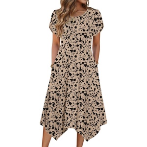 Zeagoo Womens Casual Dress for Summer Loose Hankerchief Flare Midi Sundress(Beige)