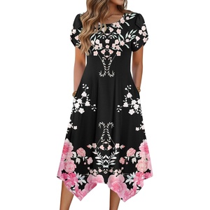 Zeagoo Womens Casual Dress for Summer Loose Hankerchief Flare Midi Sundress(Black Pink Flower)