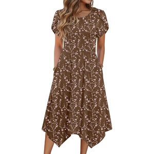 Zeagoo Womens Casual Dress for Summer Loose Hankerchief Flare Midi Sundress(Coffee)