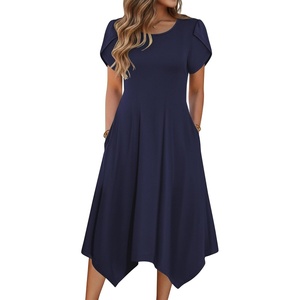 Zeagoo Womens Casual Dress for Summer Loose Hankerchief Flare Midi Sundress(Solid Navy)