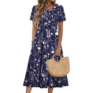 Zeagoo Womens Casual Dresses for Summer Short Sleeve Flare Midi Dress Beach(03 Navy Floral)