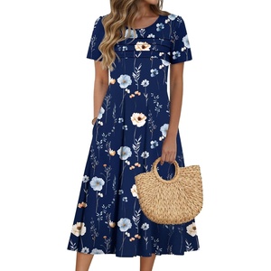 Zeagoo Womens Casual Dresses for Summer Short Sleeve Flare Midi Dress Beach(04 Navy Floral)