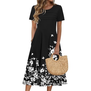 Zeagoo Womens Casual Dresses for Summer Short Sleeve Flare Midi Dress Beach(Black Floral)